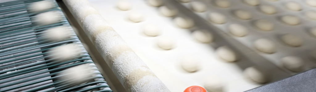 Food factory conveyor belt similar to what would be in an SQF certified facility.