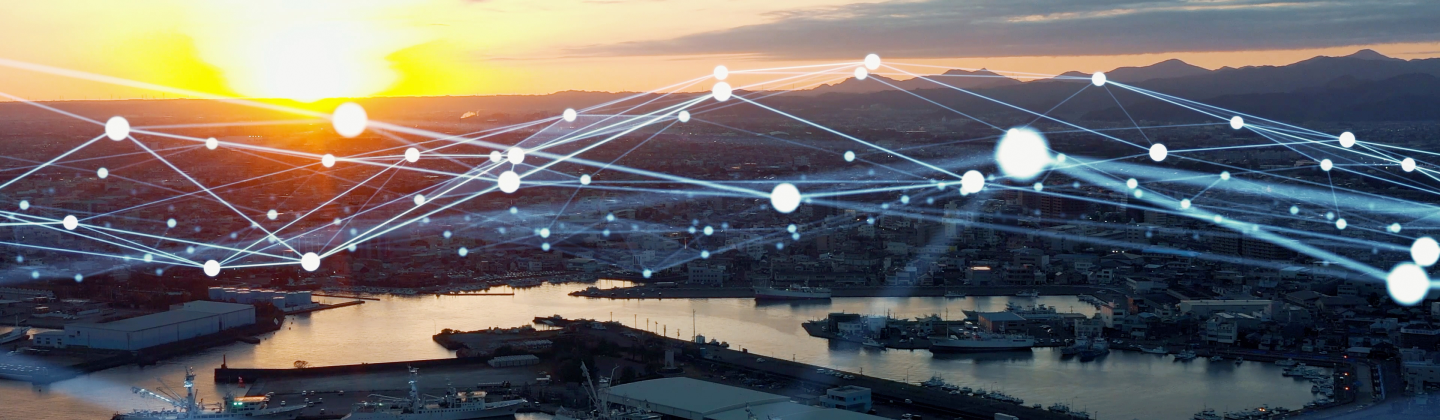 a harbor view at sunset with white dots and lines connecting spots on a map
