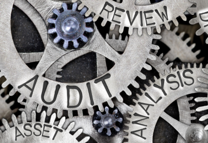 metal gears turning with the words, "audit, analysis, asset, review"
