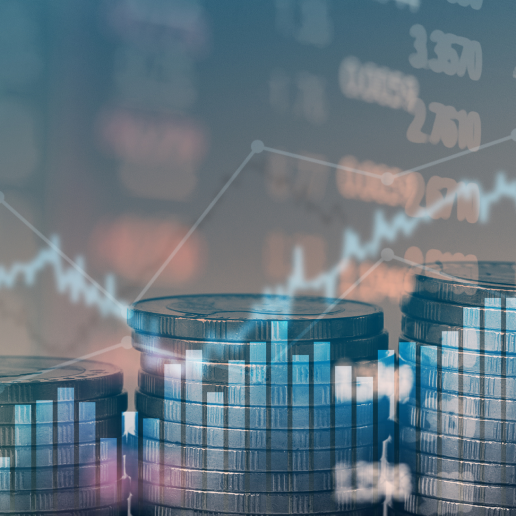piles of coins with a graph and numbers in the background.
